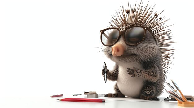 Un'illustrazione 3D carina e divertente di un porcospino che indossa occhiali a corno e un vestito nero seduto a una scrivania e con una penna in mano