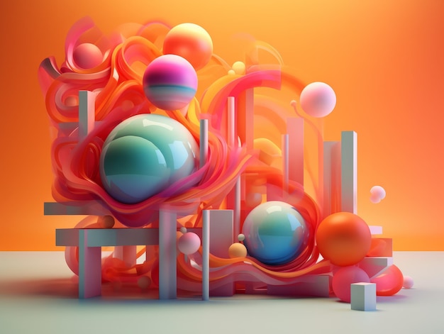 Un'illustrazione 3D colorata di uno sfondo colorato con un sacco di palle.