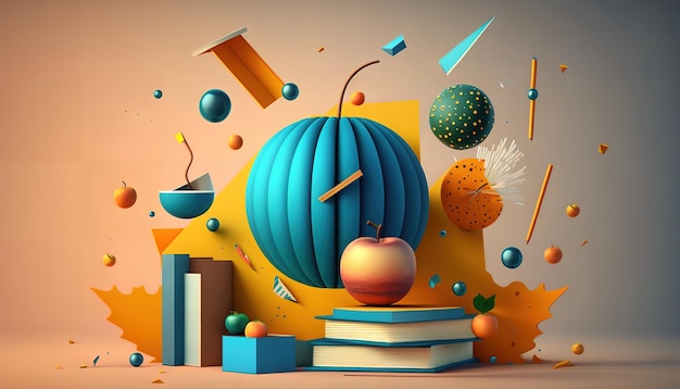Un'illustrazione 3d dei libri e di una mela rossa.