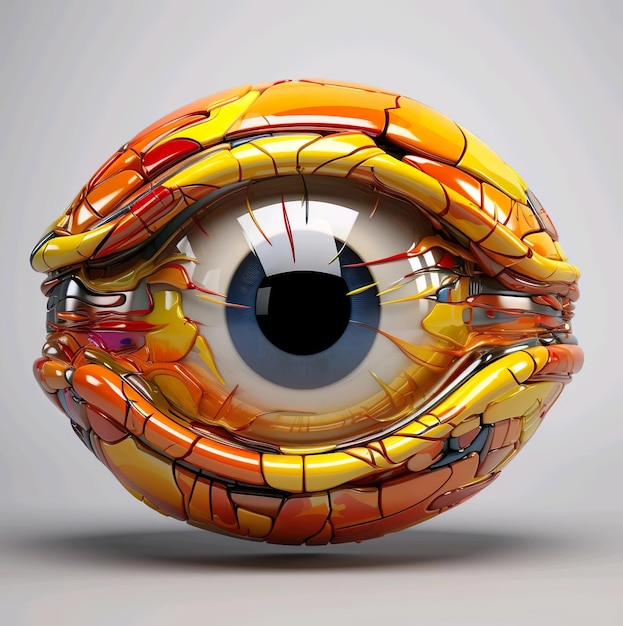 Un'illustrazione 3d della scultura di un occhio giallo con la parola occhio su di esso
