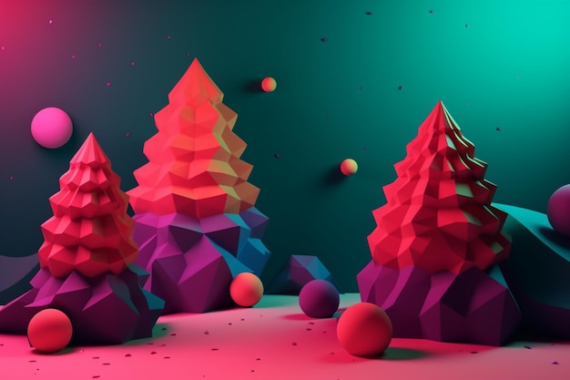 Un'illustrazione 3d di tre alberi di Natale con colori differenti.