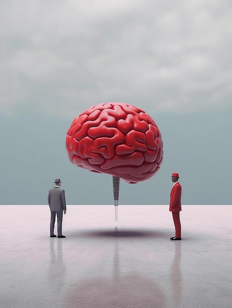 un'illustrazione 3d di un cervello e un uomo in piedi uno accanto all'altro.