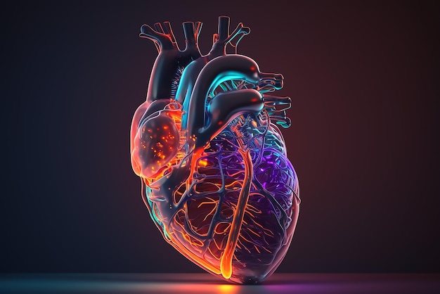 Un'illustrazione 3d di un cuore con luci colorate.