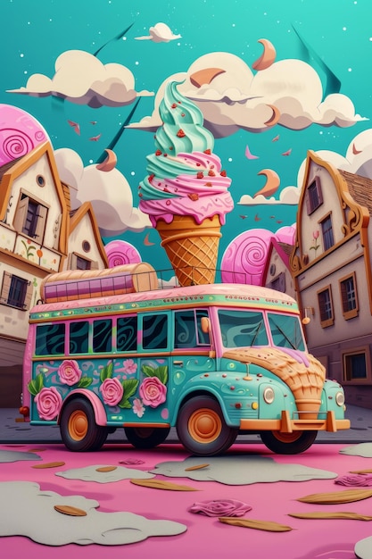 Un'illustrazione 3D di un furgone di gelati colorato allegro