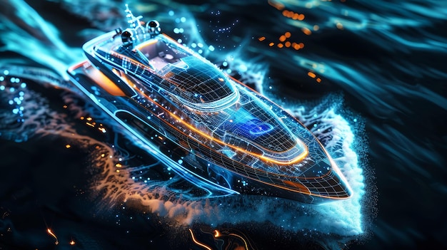 Un'illustrazione 3D di un maestoso yacht che galleggia graziosamente su acque tranquille