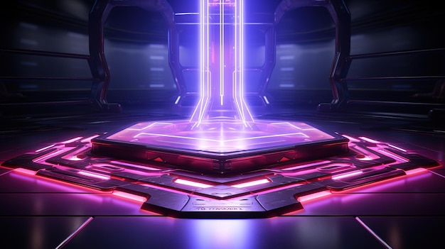 un'illustrazione 3D di un palco futuristico con uno sfondo viola e una luce blu.