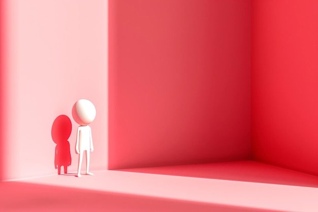 un'illustrazione 3D di un personaggio di cartone animato minimalista in piedi in uno spazio rosso pastello