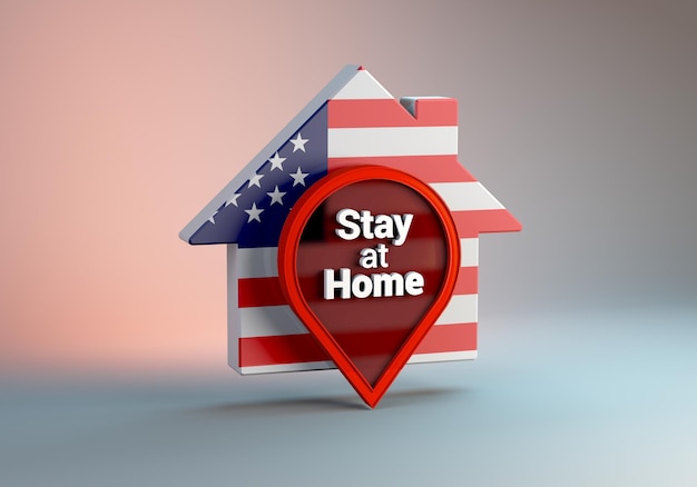 Un'illustrazione 3D di una casa con la bandiera degli Stati Uniti con la frase Stay at Home proteggere dall'epidemia di Coronavirus o Covid19