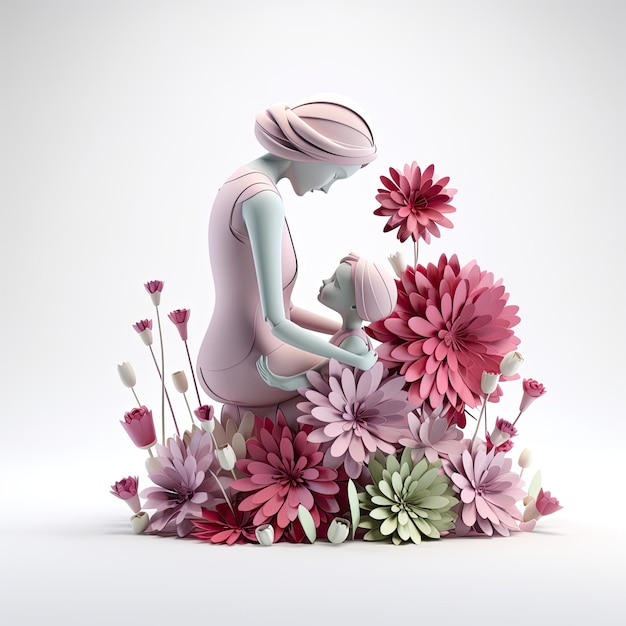 Un'illustrazione 3D di una madre e di un bambino con fiori per lo sfondo del saluto della festa della mamma