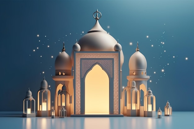 Un'illustrazione 3d di una moschea con una candela accesa nel mezzo