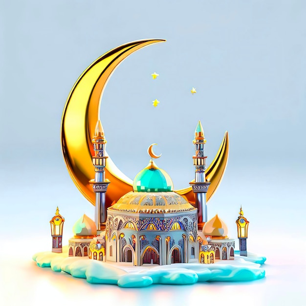 Un'illustrazione 3d di una moschea con una falce di luna e stelle.