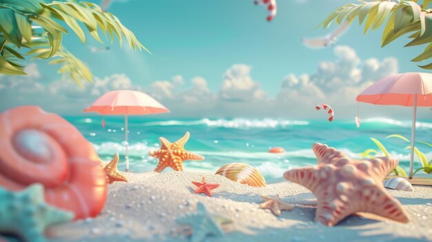 Un'illustrazione 3D di una scena di spiaggia estiva con conchiglie e ombrelloni