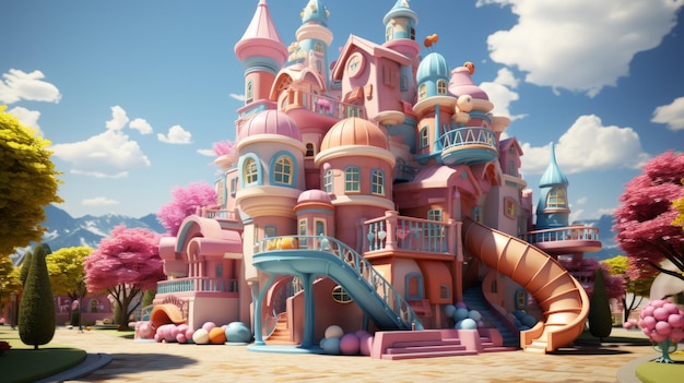 Un'illustrazione 3D stravagante e colorata di un castello di Candyland