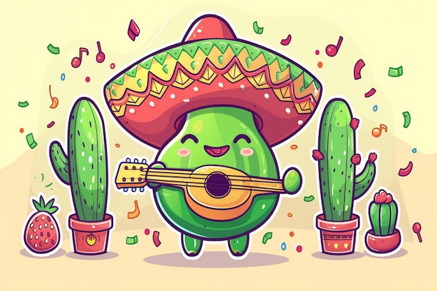 un'illustrazione a cartone animato di un cactus con una chitarra e un caktus