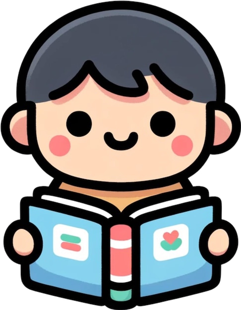 un'illustrazione a cartone animato di un ragazzo che legge un libro con una mela sulla parte anteriore