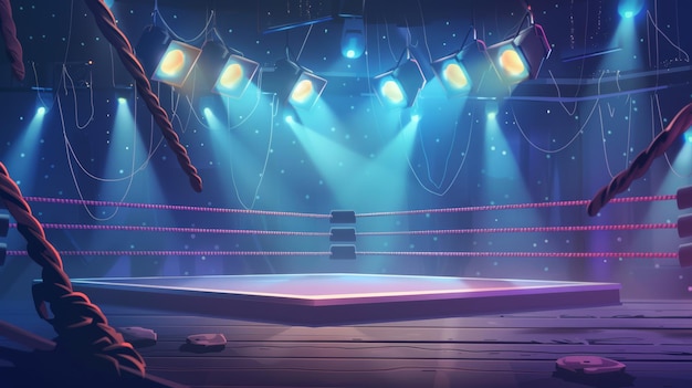 Un'illustrazione a cartone animato di un ring vacante di MMA con corde illuminate da proiettori luminosi sullo sfondo di partite sportive e annunci di scommesse