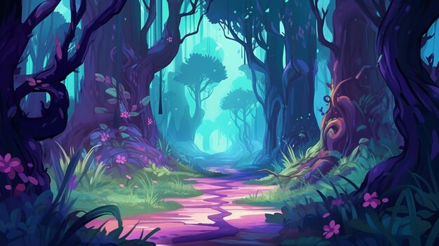 un'illustrazione a cartone animato di un sentiero attraverso una foresta con fiori generative ai