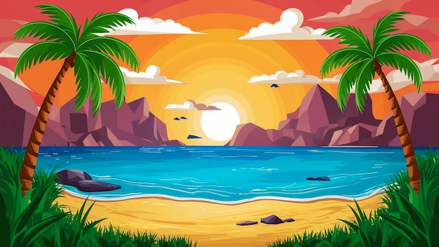un'illustrazione a cartone animato di un tramonto con palme sulla spiaggia