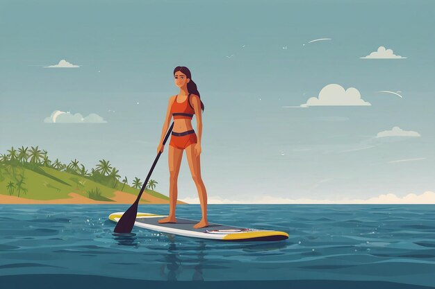 un'illustrazione a cartone animato di una donna su una tavola da paddle in acqua