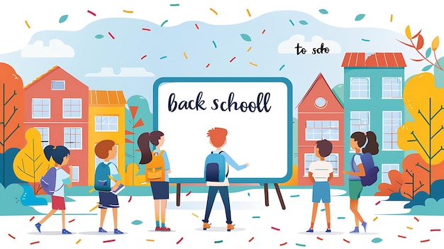 un'illustrazione a fumetti di bambini con un cartello che dice "Ritorno a scuola"