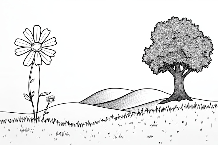 Foto un'illustrazione a mano in bianco e nero di un singolo fiore un albero e colline ondulate