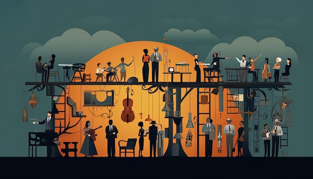 Un'illustrazione a tema musicale con diversi lavoratori che si uniscono per creare una sinfonia di lavoro