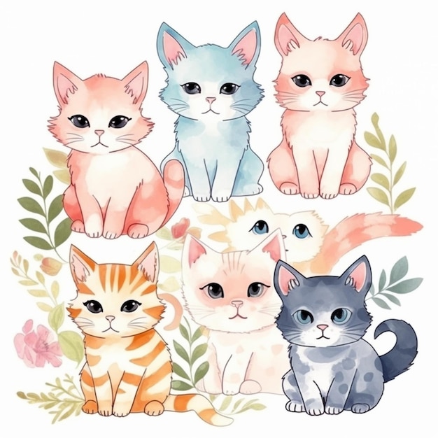 Un'illustrazione ad acquerello di gatti in diversi colori