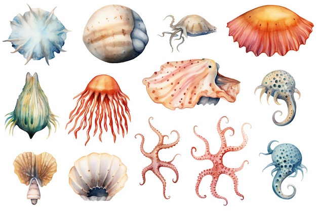 Un'illustrazione ad acquerello di pesci, coralli e altre creature marine