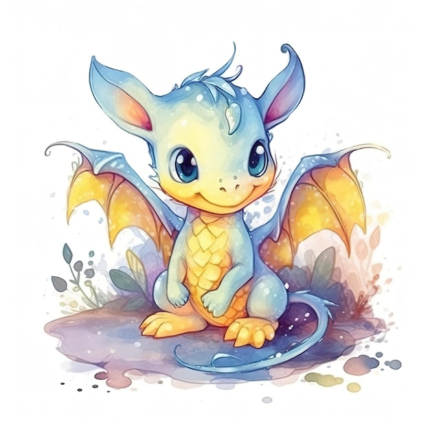 Un'illustrazione ad acquerello di un drago blu con ali e ali.
