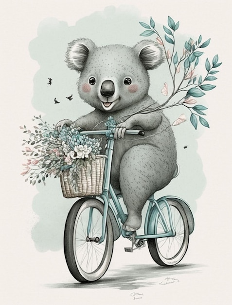 Un'illustrazione ad acquerello di un koala su una bicicletta con un cesto pieno di fiori.