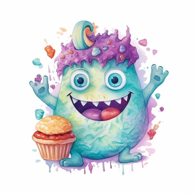 Un'illustrazione ad acquerello di un mostro con un cupcake in mano.