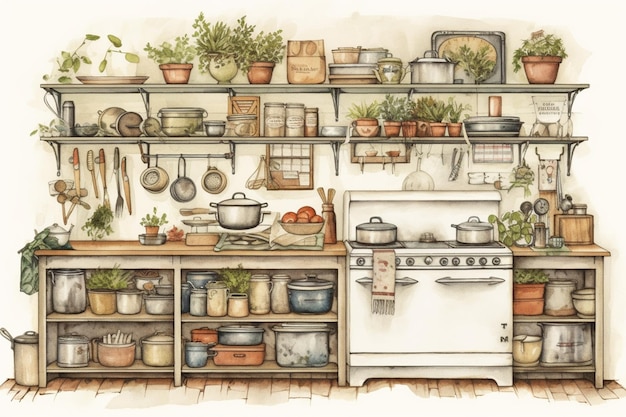 Un'illustrazione ad acquerello di una cucina con una stufa bianca e pentole sugli scaffali.