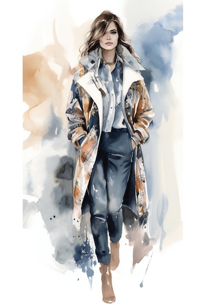 Un'illustrazione ad acquerello di una donna che indossa un cappotto e pantaloni.