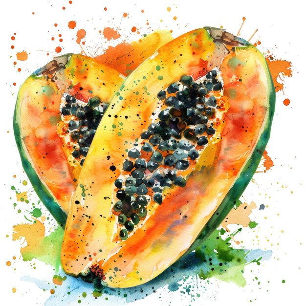 Un'illustrazione ad acquerello di una papaya appena tagliata