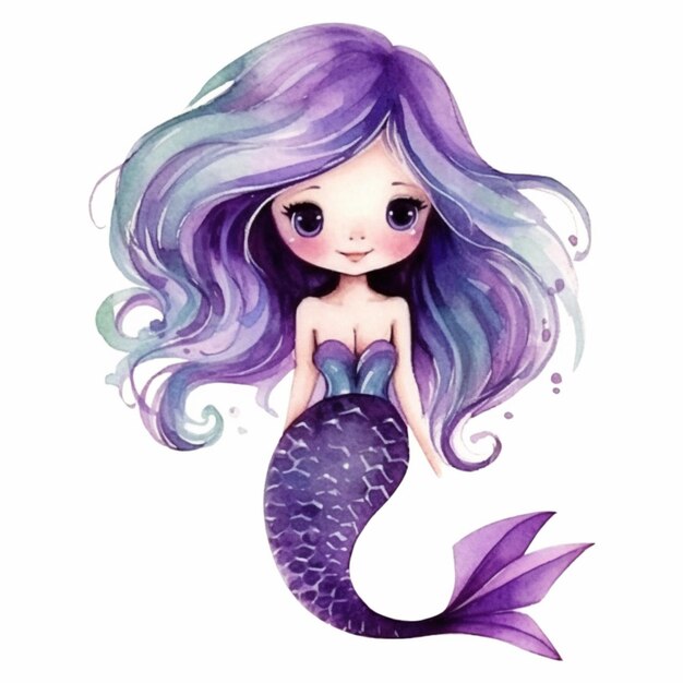 un'illustrazione ad acquerello di una sirena con i capelli viola e una coda blu