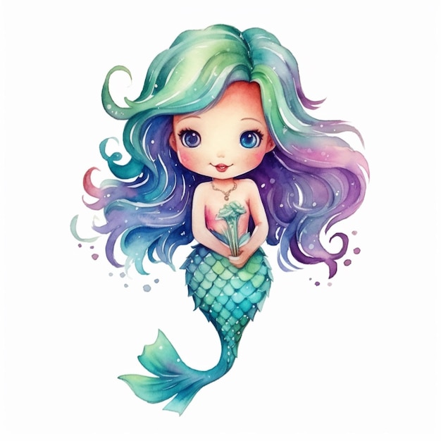 Un'illustrazione ad acquerello di una sirena con una coda blu e capelli verdi.