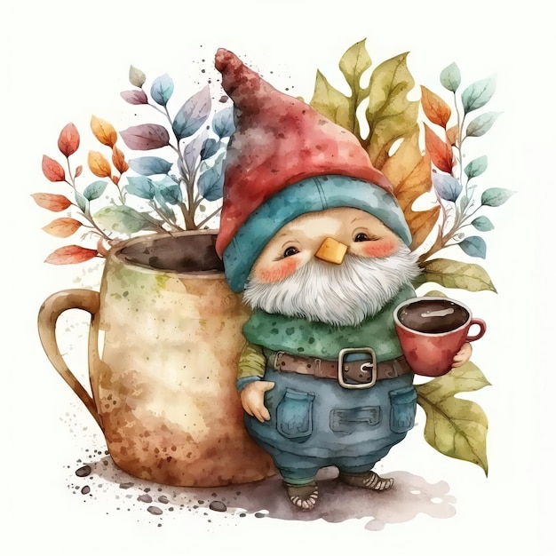 Un'illustrazione ad acquerello di uno gnomo e una tazza di caffè