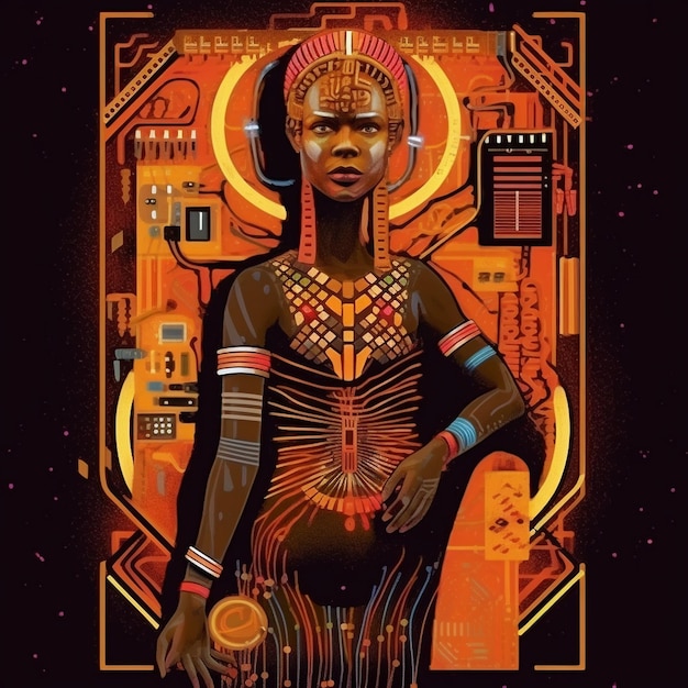 un'illustrazione afrofuturista nello stile del sovraccarico psichedelico