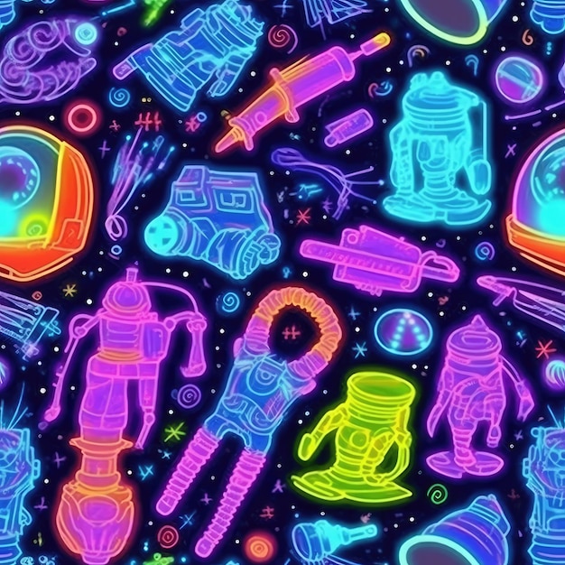 Un'illustrazione al neon colorata di una stazione spaziale con un mucchio di oggetti su di essa