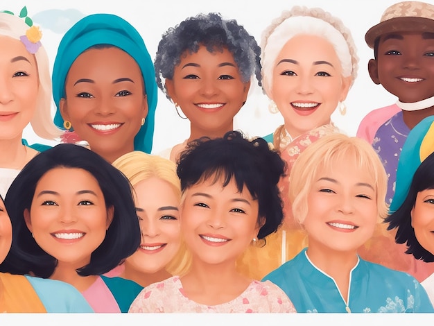 Un'illustrazione allegra che mostra un gruppo di dieci personaggi diversi con volti sorridenti