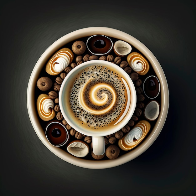 Un'illustrazione artistica di chicchi di caffè, tazza e panna montata, creando una composizione bella e accogliente per gli appassionati di caffè, i baristi e i proprietari di caffetterie. L'immagine cattura il ricco aroma