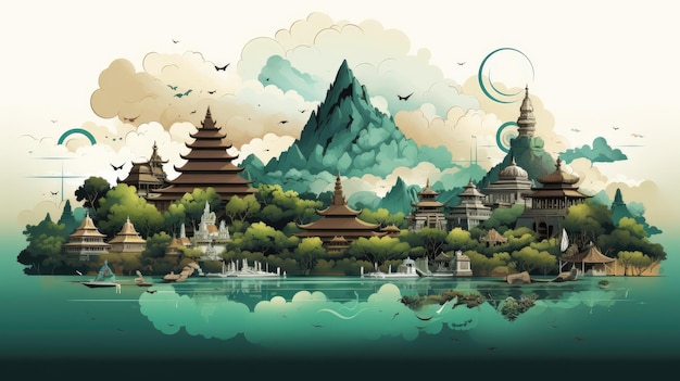 un'illustrazione artistica di iconici punti di riferimento indonesiani