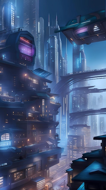 un'illustrazione artistica digitale di una futuristica città cyberpunk