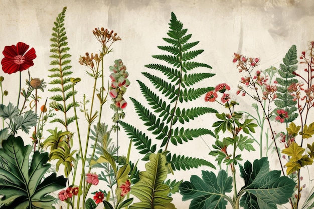 Un'illustrazione botanica vintage con diversi tipi di specie vegetali generate dall'AI