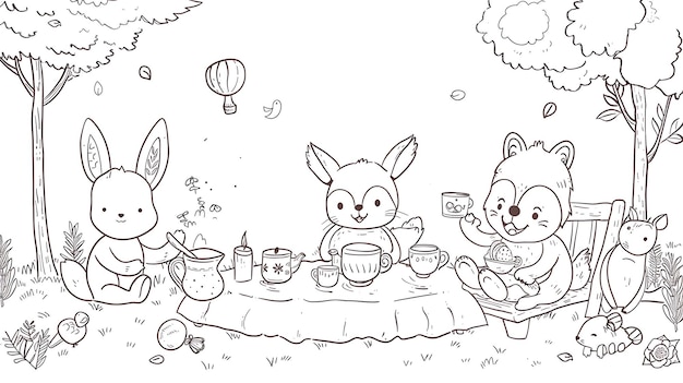 Un'illustrazione carina di un coniglio, una volpe e un orso che fanno un picnic nel bosco