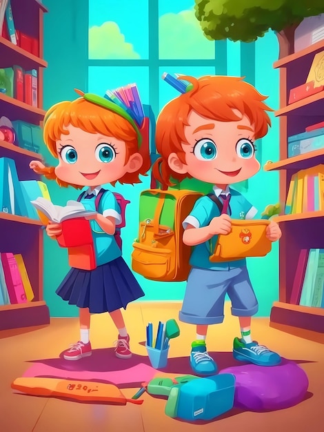 un'illustrazione cartoon di due bambini che leggono libri in una biblioteca