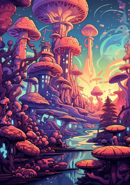 un'illustrazione cartoon di un paesaggio fantastico con funghi e alberi ai generativa