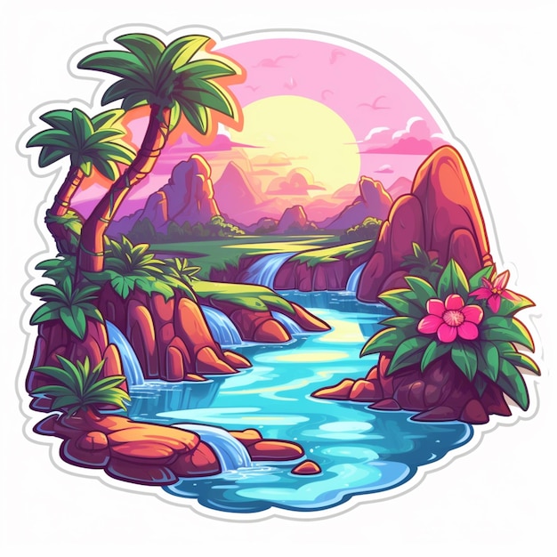 un'illustrazione cartoon di un paesaggio tropicale con un fiume e palme ai generative