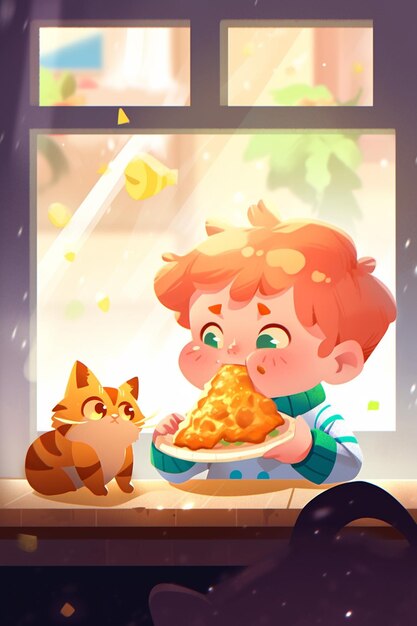 Un'illustrazione cartoon di un ragazzo che mangia pizza e un gatto.