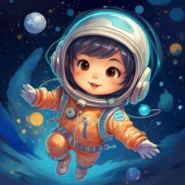 un'illustrazione cartoon di una bambina in tuta da astronauta che galleggia nell'intelligenza artificiale generativa dello spazio